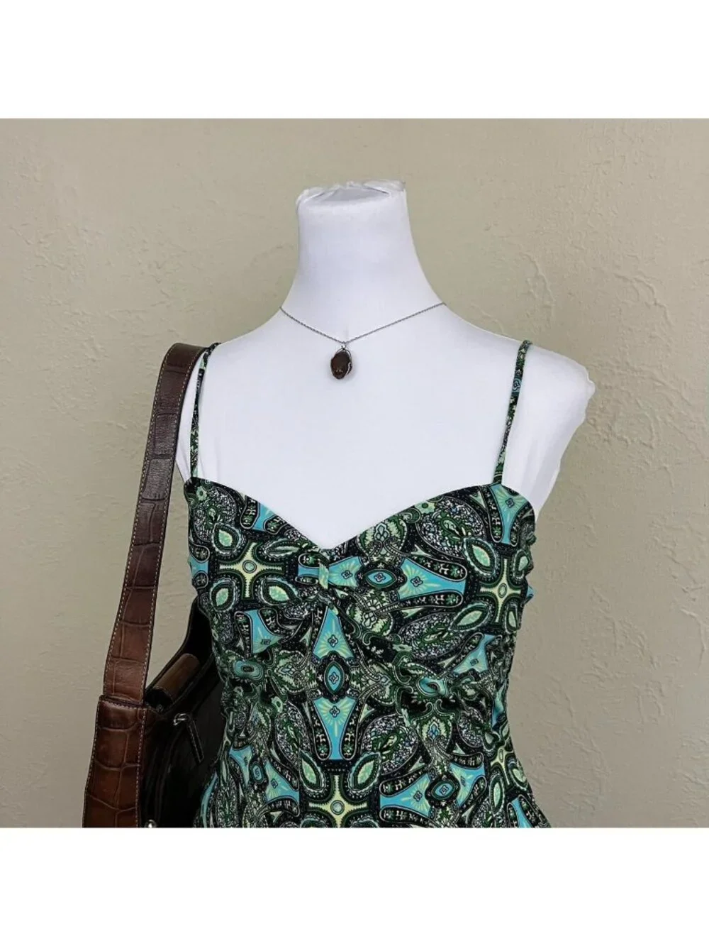 y2k green blue abstract boho whimsical grunge asymmetric cami stretchy top - Picture 2 of 8